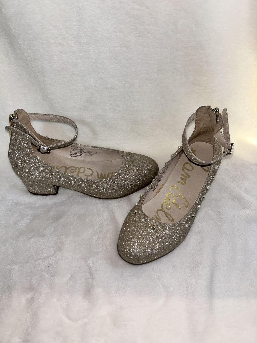Sam Edelman Carlyn-Belle Gold Glitter Mary Jane Flats with Faux Pearl Studs