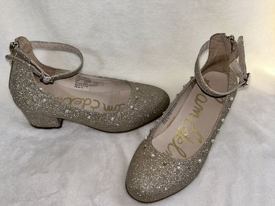 Sam Edelman Carlyn-Belle Gold Glitter Mary Jane Flats with Faux Pearl Studs