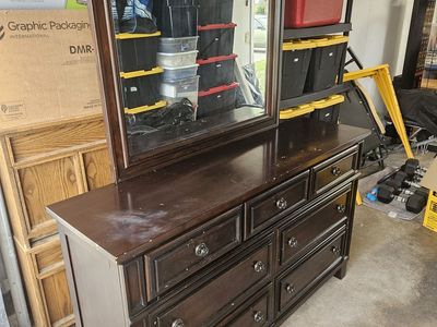 Dark Wood Dresser with Mirror - 7 Drawers, Traditional Style