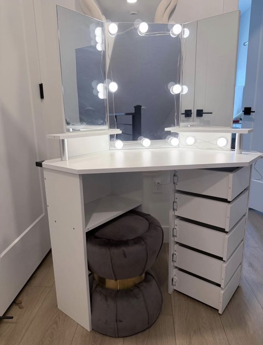 Vanity Desk with Tri-Fold Lighted Mirror and Stool