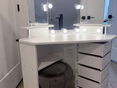 Vanity Desk with Tri-Fold Lighted Mirror and Stool