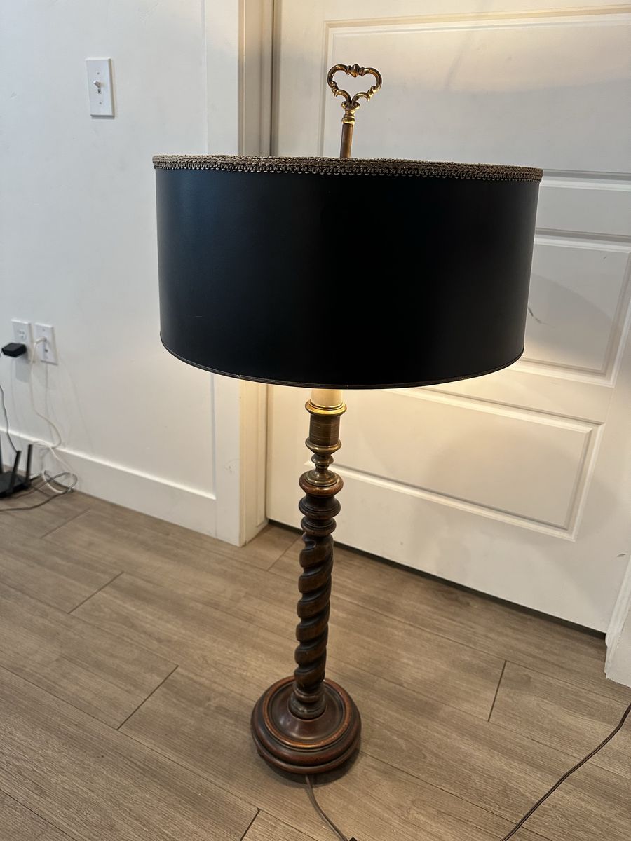 Vintage Barley Twist Wood and Brass Table Lamp with Black Shade
