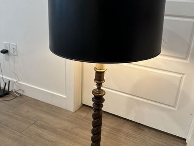 Vintage Barley Twist Wood and Brass Table Lamp with Black Shade