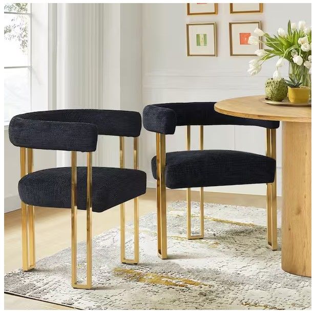 Gold Chenille Upholstered Armchair (Set of 2) - BLACK