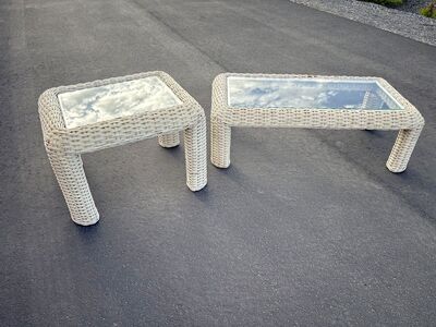 Fantastic set of vintage 1960’s Mid Century Modern wicker rattan coffee table plus side table/end table. Glass tops vintage MCM