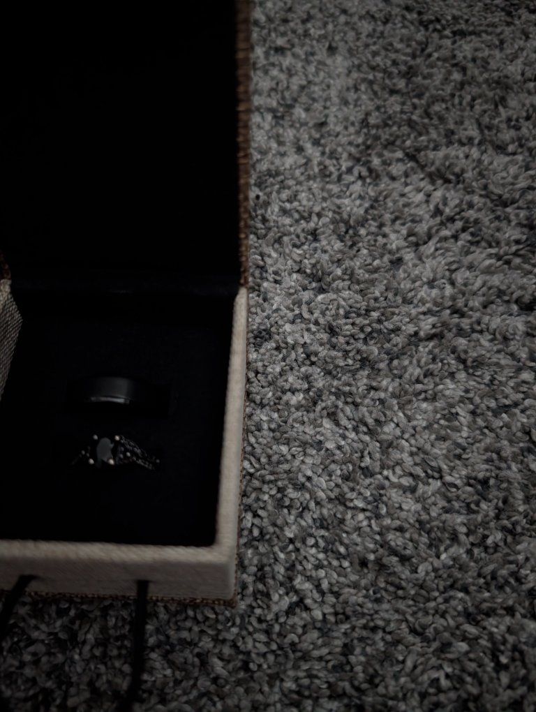 Black Engagement Ring Set with Center Stone and Band in Presentation Box