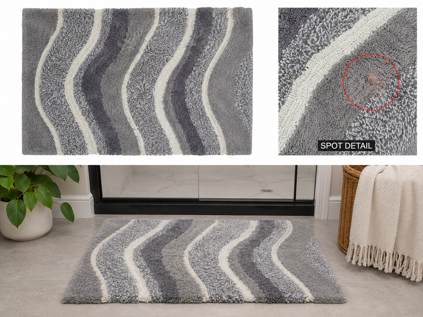 Gray & White Modern Plush Bath Rug 36x25 – Soft Wave Pattern Bath Mat