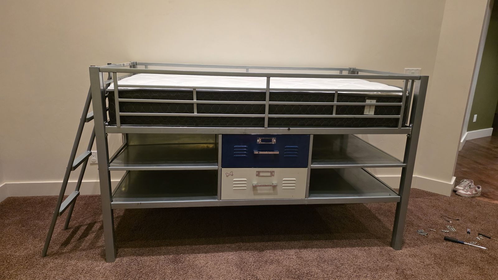 Twin Junior Loft Bed with Shelves & Storage Drawers – Metal Frame