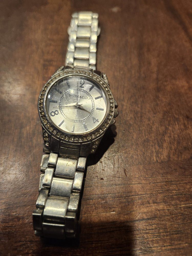 Monaco Silver-Tone Rhinestone Bezel Bracelet Watch