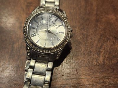 Monaco Silver-Tone Rhinestone Bezel Bracelet Watch