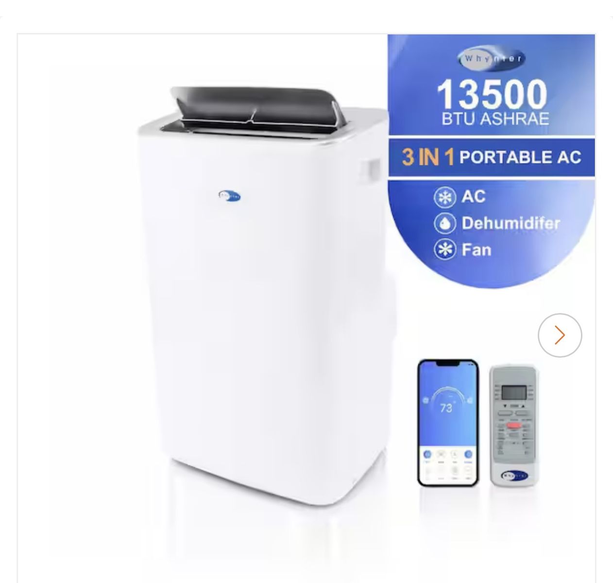 Whynter 13,500 BTU Portable Air Conditioner Cools 500 sq. ft. with Dehumidifier, Remote