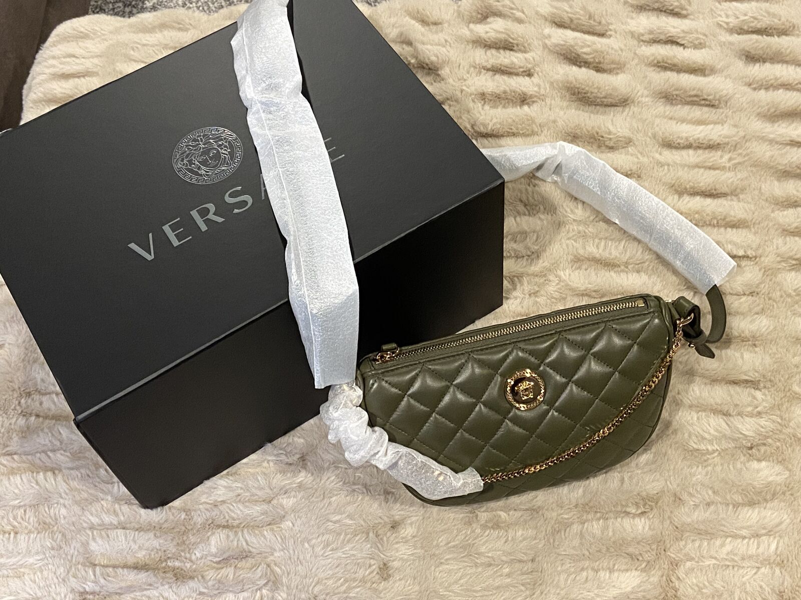 NWT Versace Medusa Quilted Olive Green Leather Crossbody Bag