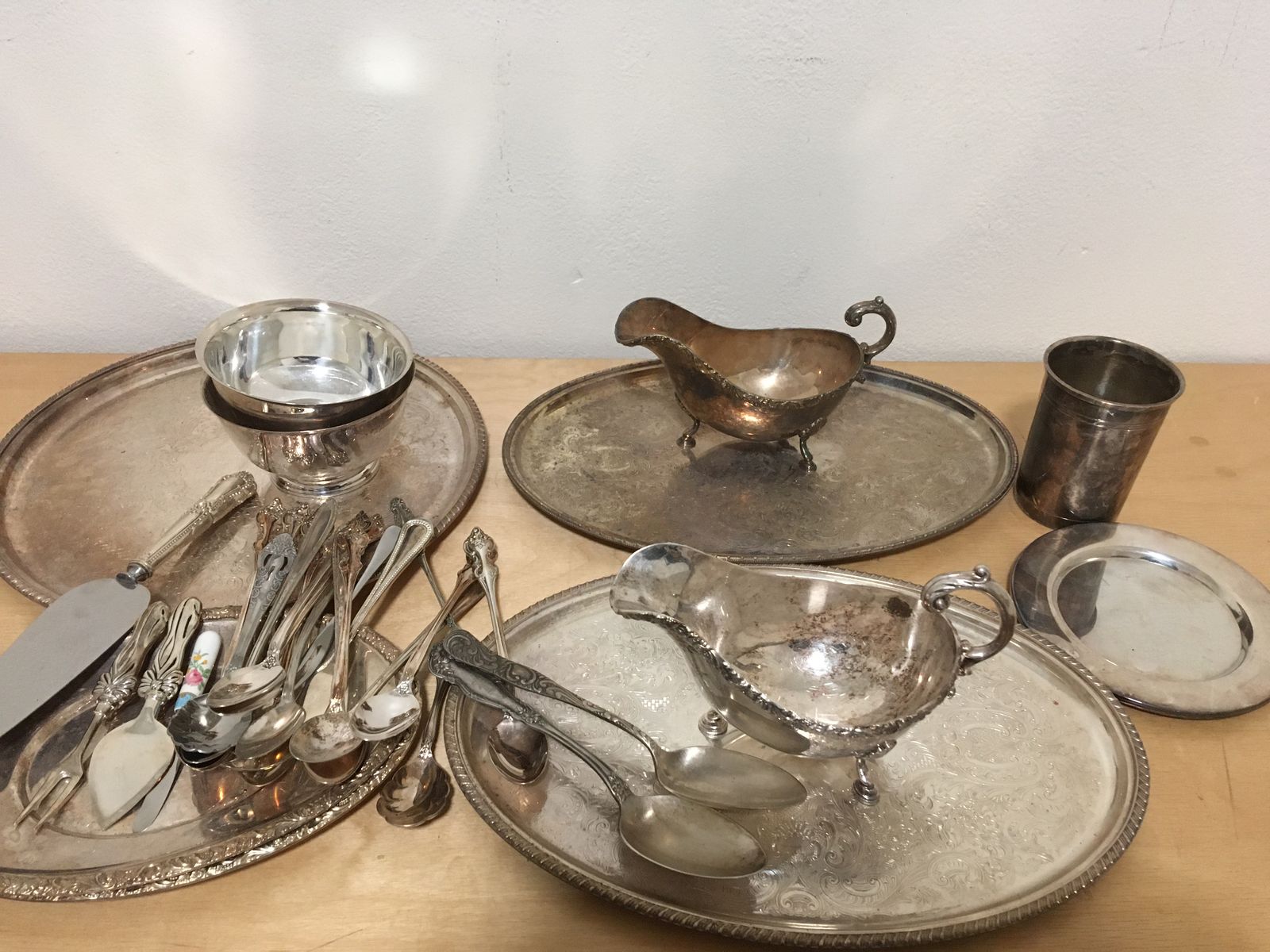 Vintage Mixed Lot Silver Plated Trays, Gravy Boats, Bowls, and Assorted Utensils