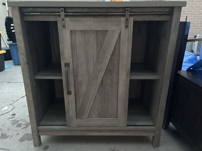Rustic Gray Wood Storage Cabinet with Sliding Barn Door and Shelves
