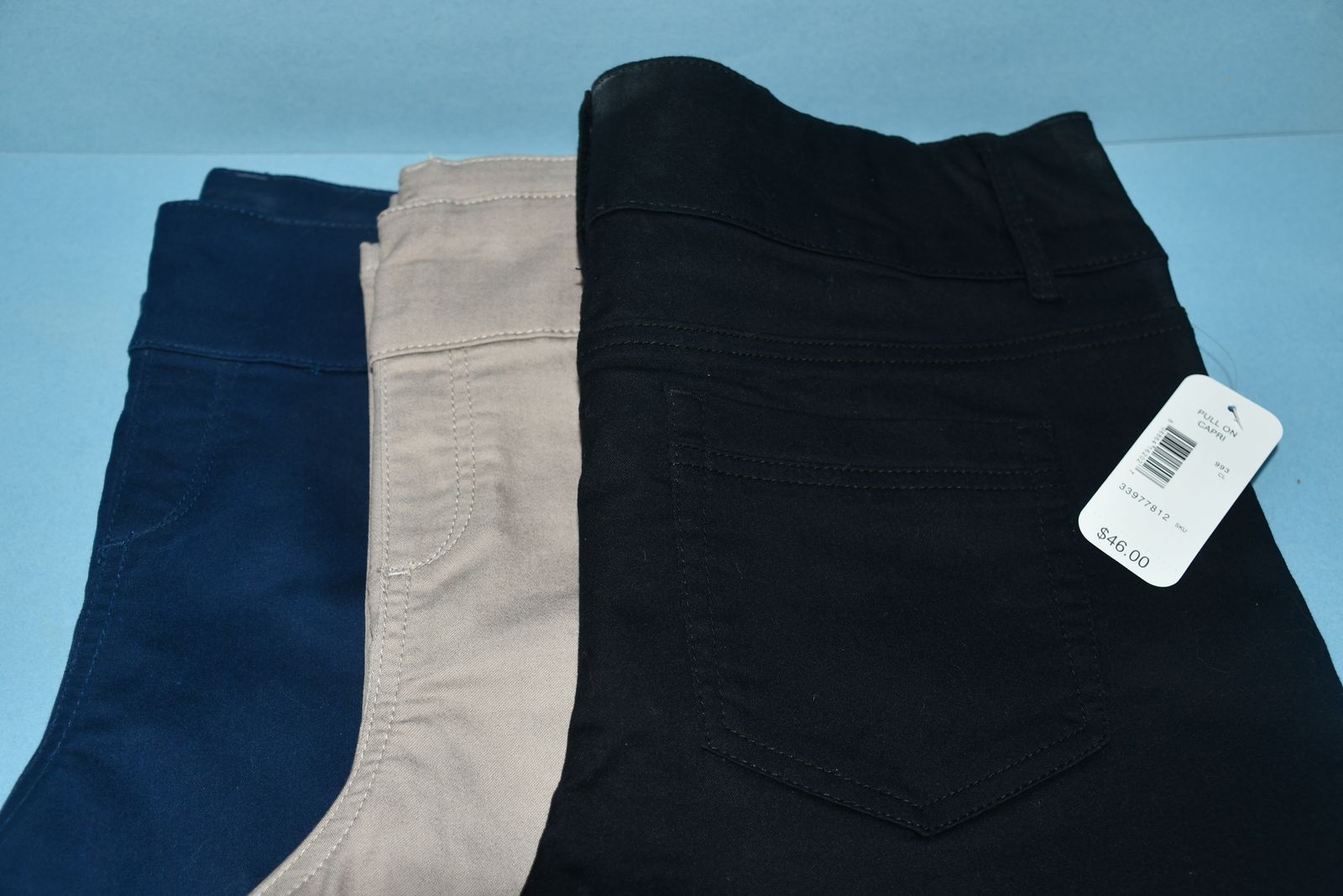 3 NWT PULL ON CAPRI PANTS ~ SIZE 12 ~ DARK BLUE, TAN & BLACK ~ CUTE!