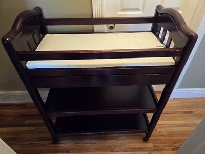 Wooden Baby Changing Table with Drawer and Storage Shelves - Dark Wood Finish