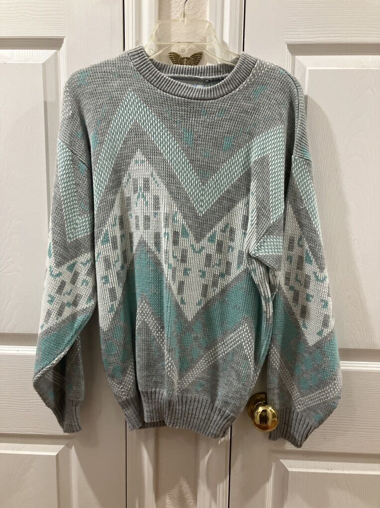 Turquoise,Gray & White Pattern Sweater