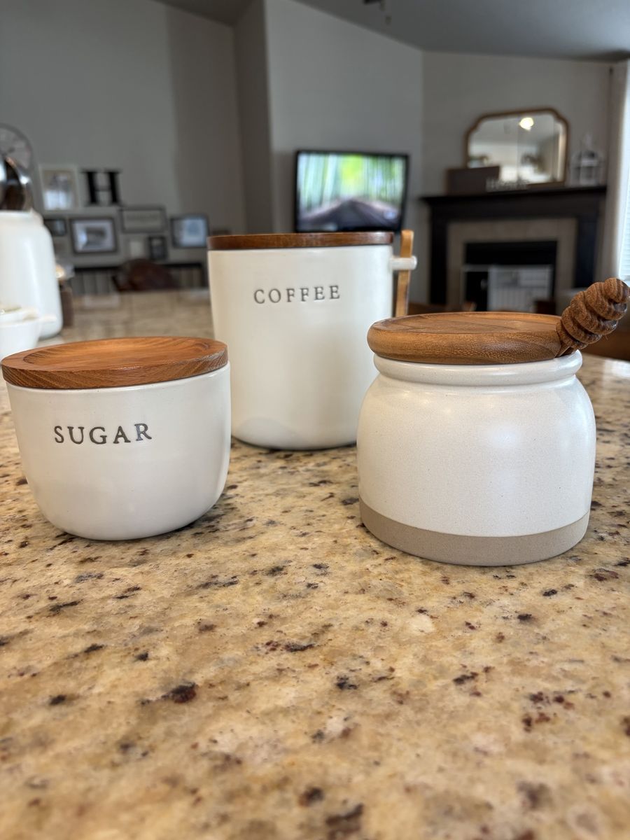 Hearth & Hand with Magnolia Coffee, Sugar, Honey Canister Set - Cream Ceramic & Wood Lids