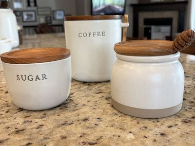 Hearth & Hand with Magnolia Coffee, Sugar, Honey Canister Set - Cream Ceramic & Wood Lids