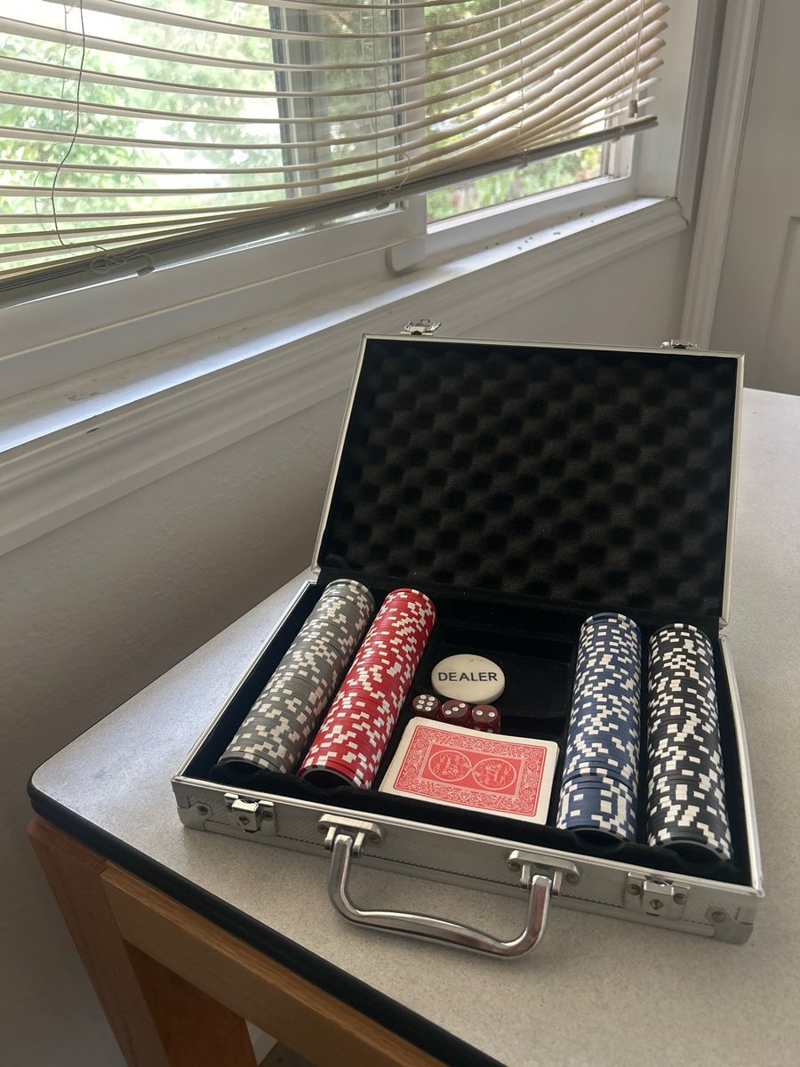 Poker Chip Set in Aluminum Carrying Case with Cards, Dice, and Dealer Button