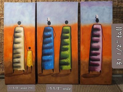 3-Piece African Tribal Wall Art Canvas Painting Set - 31.5" Tall, Various Widths, Signed