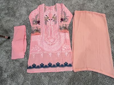 Unbranded Pink Embroidered Cotton Kurta Set with Dupatta & Trousers - Size Large