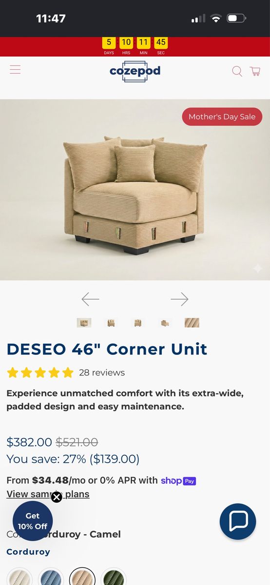 DESEO 46" Corner Unit Sofa