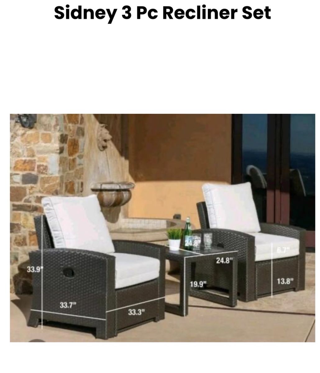 Sidney 3 Pc Brown Wicker Outdoor Recliner Set with White Cushions & Side Table. New in box.