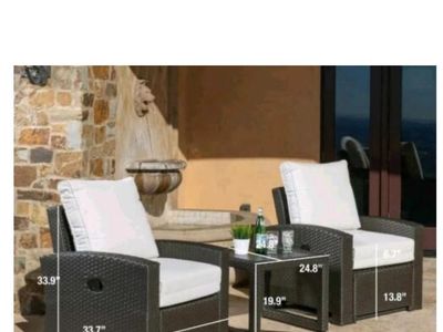 Sidney 3 Pc Brown Wicker Outdoor Recliner Set with White Cushions & Side Table. New in box.