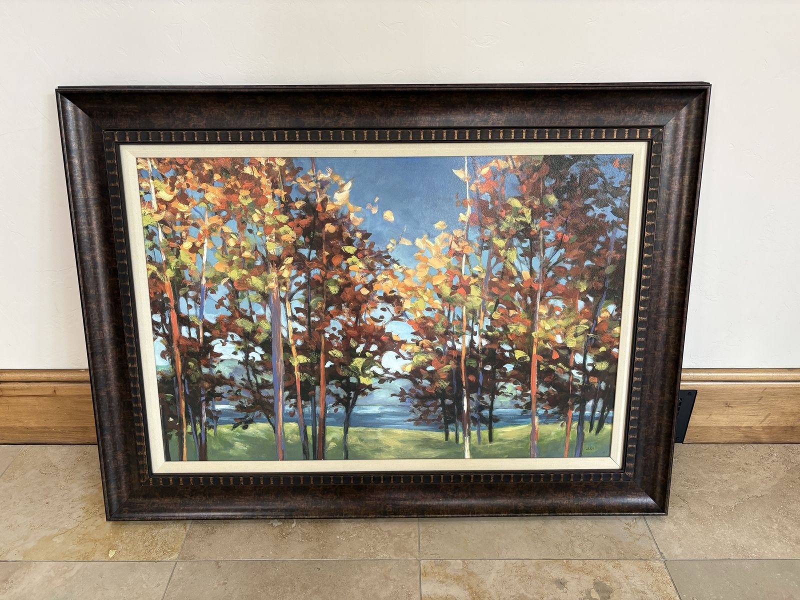 Large Framed Autumn Forest Print - Rich Fall Colors, Dark Wood Frame - 44” x 32”