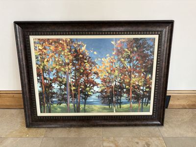 Large Framed Autumn Forest Print - Rich Fall Colors, Dark Wood Frame - 44” x 32”
