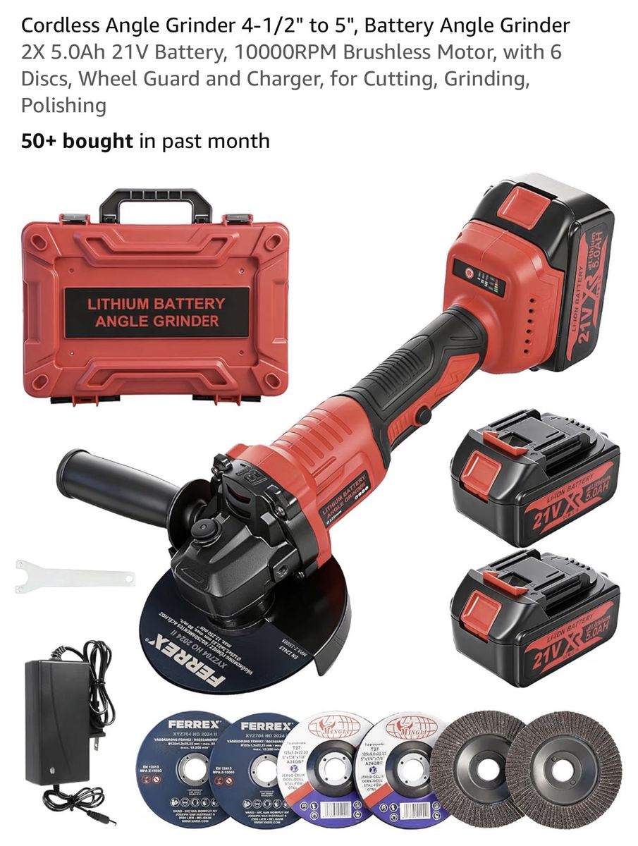 NEW 21V Cordless Brushless Angle Grinder Kit with (2) 5.0Ah Batteries, Charger & Case