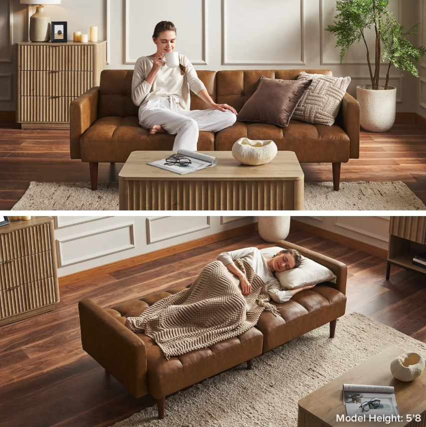 New Faux Leather Sofa Bed – Pecan Brown (Sleeper Couch)