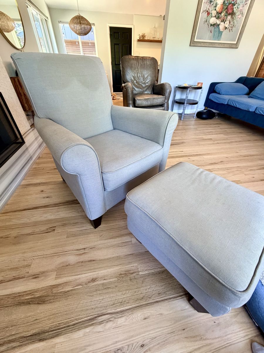 Grey Pottery Barn Chair with Ottoman and Rockers