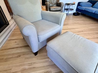 Grey Pottery Barn Chair with Ottoman and Rockers
