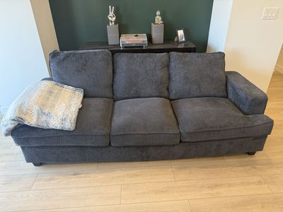 Spacious 3-Seater Blue Grey Fabric Couch - Good Condition Living Room Sofa