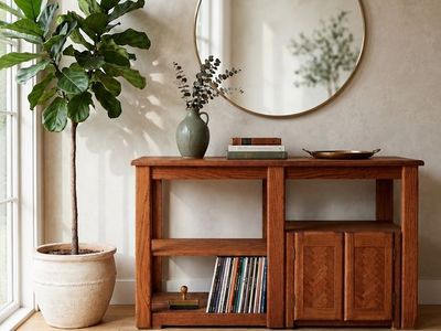 Vintage 1970's Golden Oak Chevron Parquet Display Media Console Entry Table Vinyl Record Stand w/Lower Cabinet