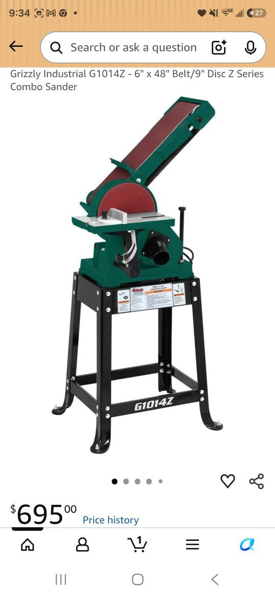 New in box Grizzly Industrial G1014Z 6"x48" Belt/9" Disc Combo Sander Z-Series with Stand