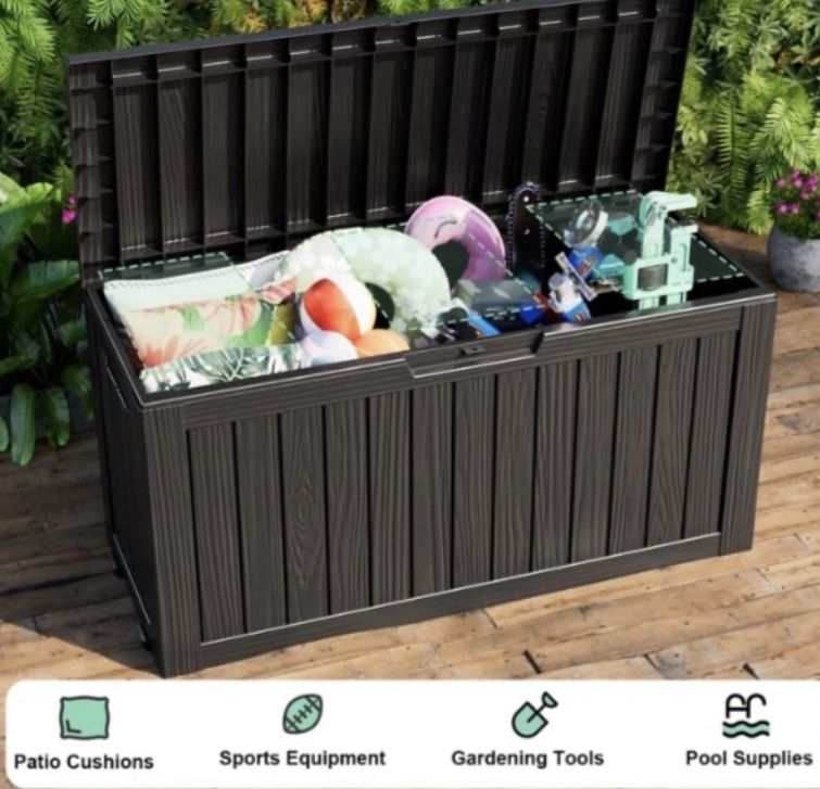 NEW- Resin Deck Box, Lockable Patio Outdoor Storage Box