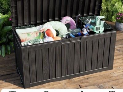 NEW- Resin Deck Box, Lockable Patio Outdoor Storage Box