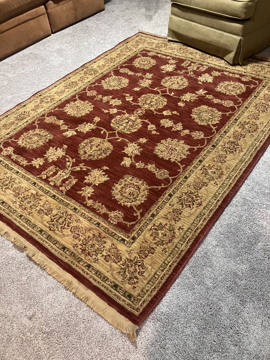 Red and Beige Traditional Floral Area Rug with Fringe
