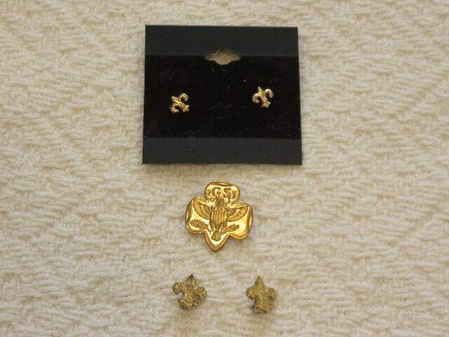 VINTAGE LOT OF GIRL SCOUT PINS & EARRINGS - MAIN PIN FROM EARLY 1960'S
