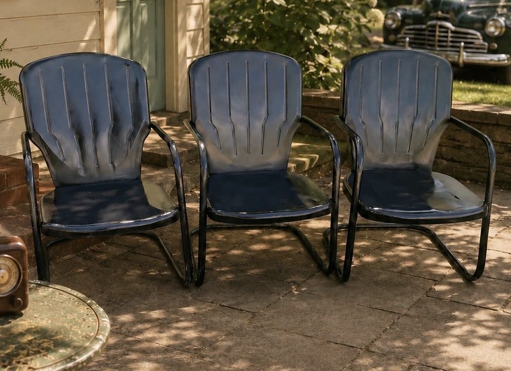 Set Of 3 Vintage Mid Century Warmack Shellback Metal Patio Chairs