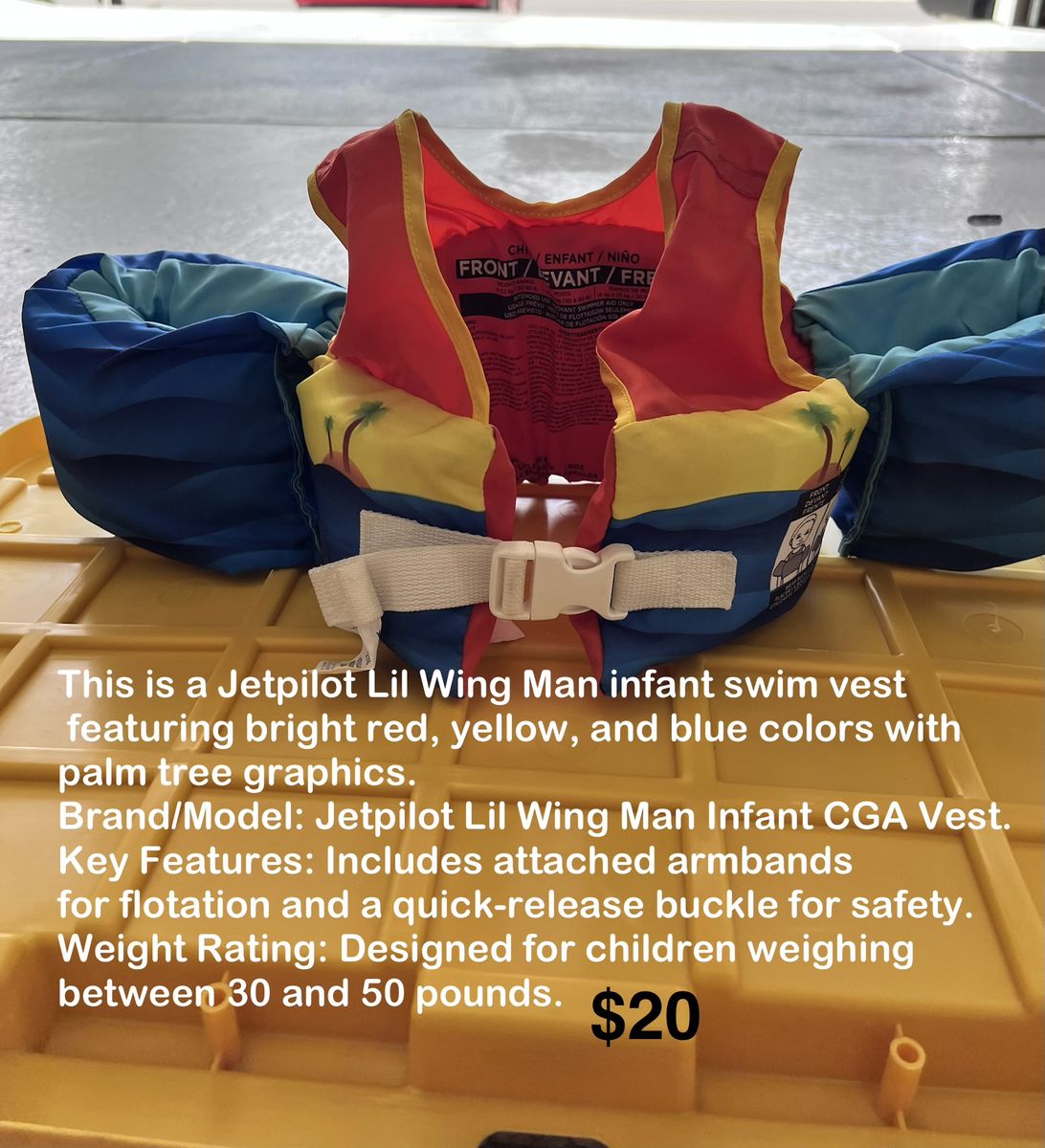 Jetpilot Lil Wing Man Infant CGA Swim Vest - Red/Yellow/Blue - Armbands & Quick-Release - 30-50 lbs