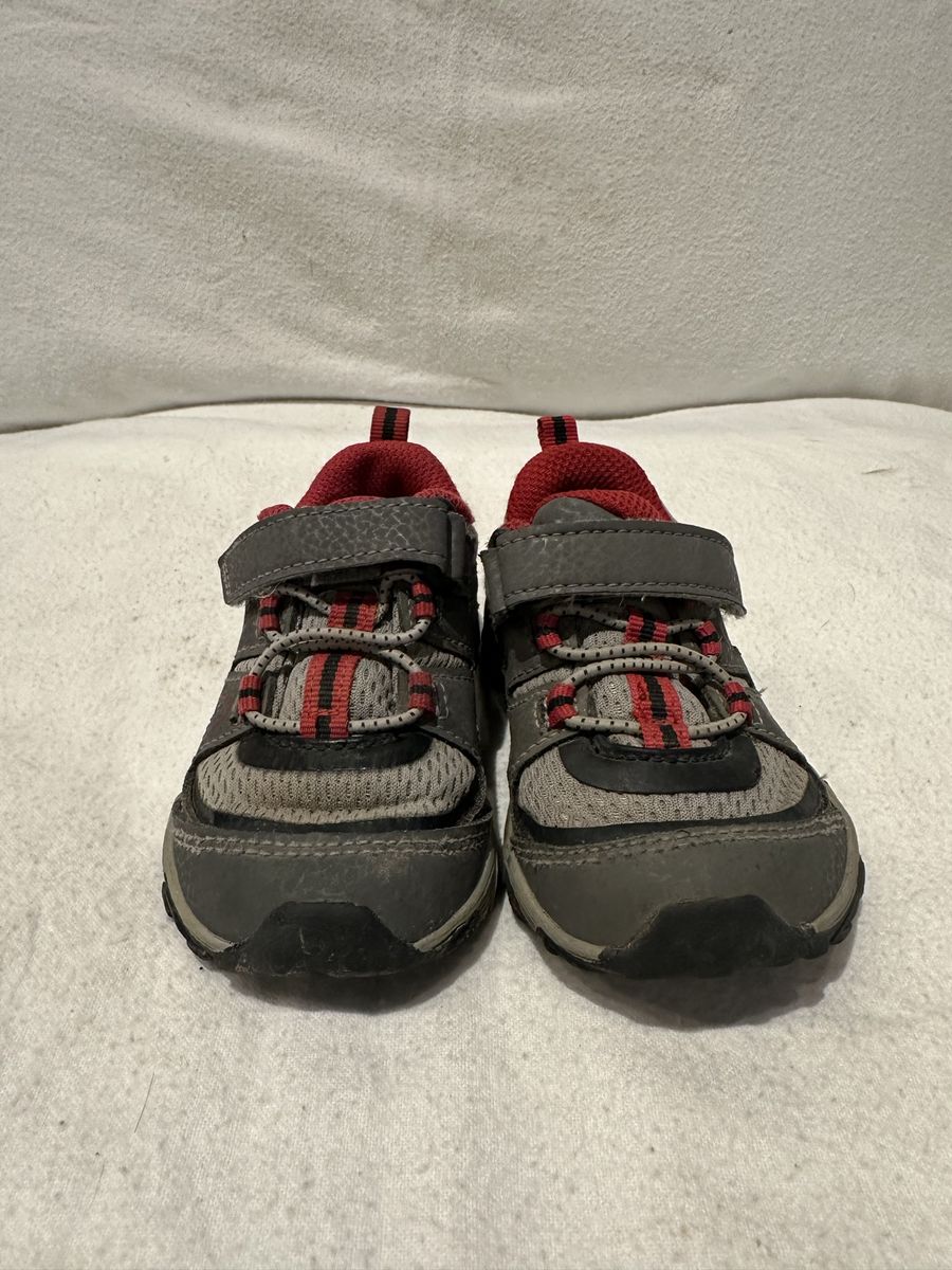 Merrell toddler size 6 grey mesh, and Leather with black and red trim, hiking shoes