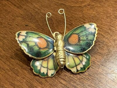 Vintage Gold Tone Green Enamel Butterfly Brooch