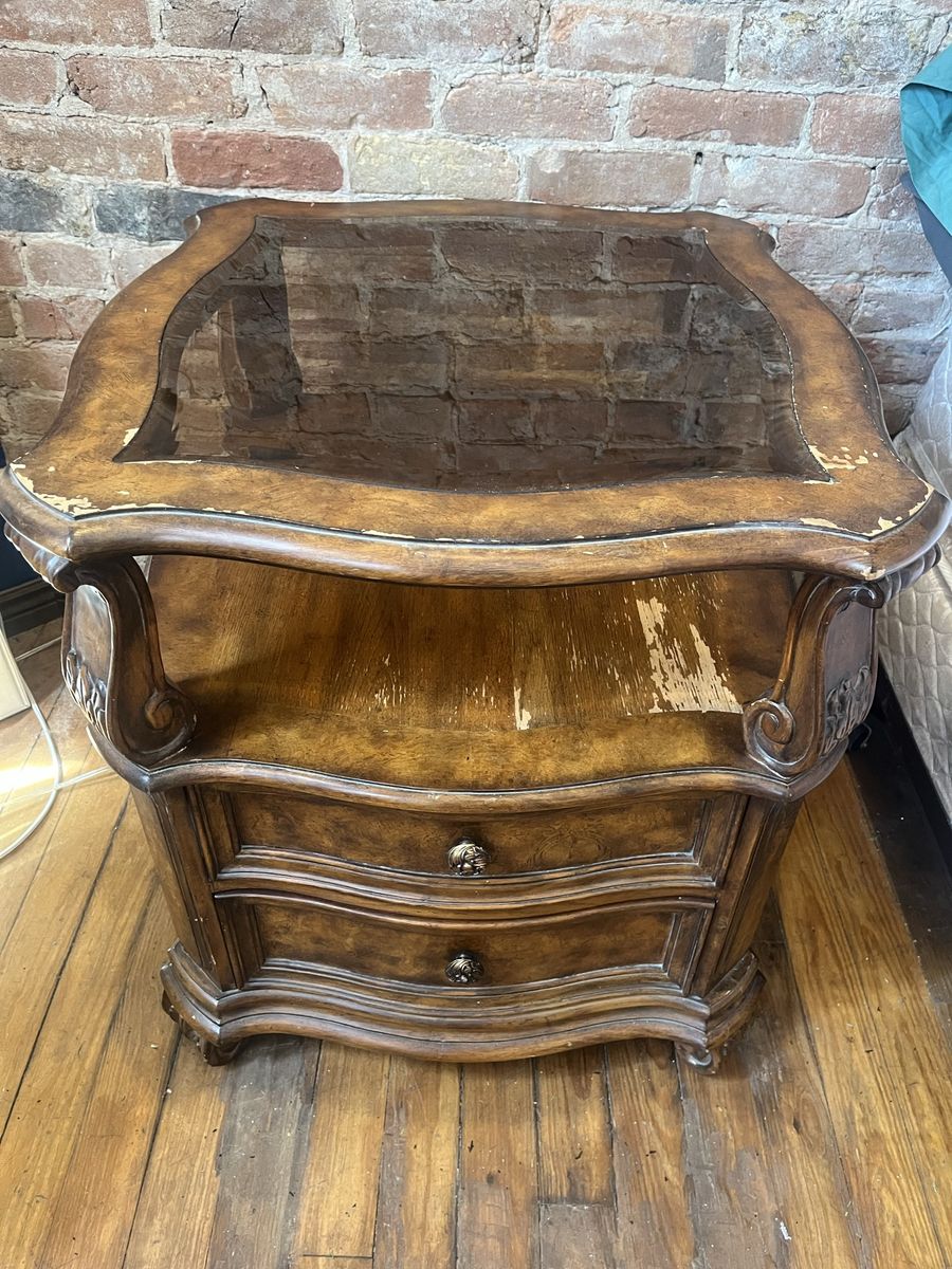 Wood/glass top nightstand table with drawers