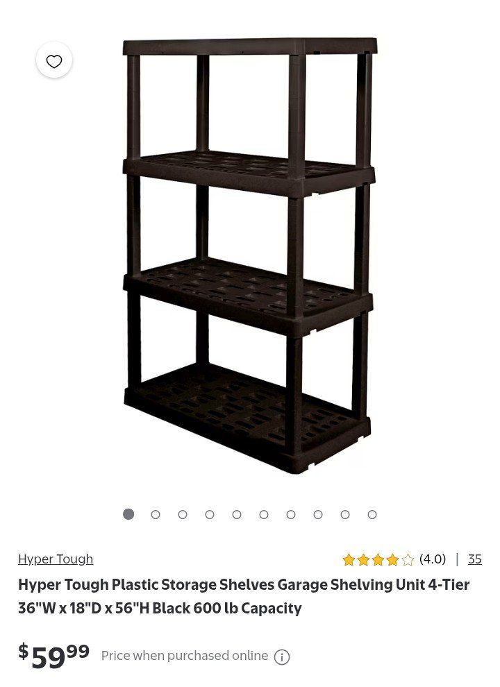 Hyper Tough 5T Plastic Storage Shelves, 18" x 36" Black 600lb Capacity, 4-Tier Garage Shelving Unit new