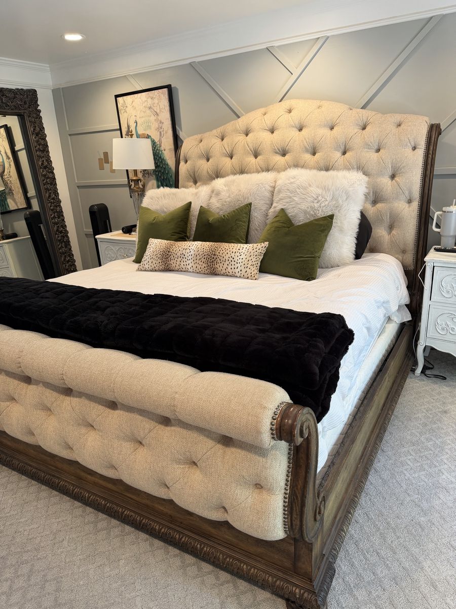 Tufted Upholstered Wooden King Sleigh Bed with Carved Details and Nailhead Trim