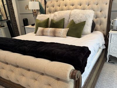 Tufted Upholstered Wooden King Sleigh Bed with Carved Details and Nailhead Trim